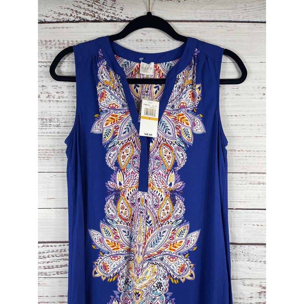 Cupio Dress Women's Small Blue Sleeveless Paisley Print Hi Low Boho Viscose NWT - Picture 2 of 7